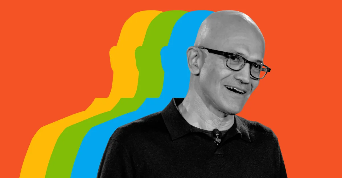 Man with glasses smiling, colorful silhouette effect behind, orange background.