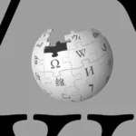 Wikipedia globe logo with black puzzle pieces and letters, gray background with large black "W" letters.