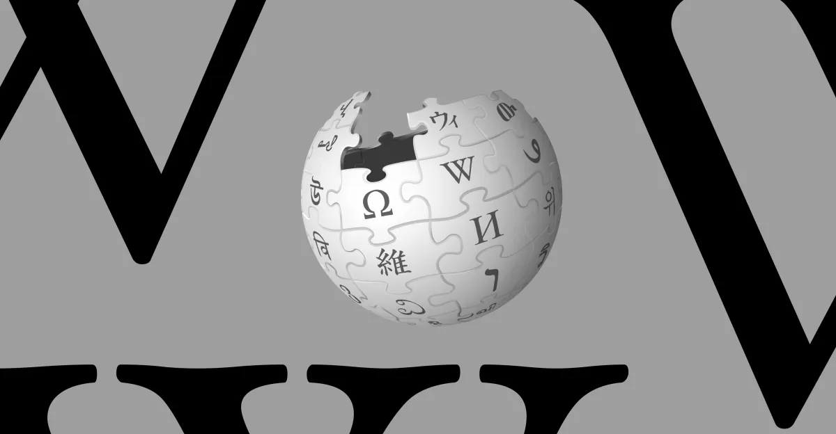 Wikipedia globe logo with black puzzle pieces and letters, gray background with large black "W" letters.