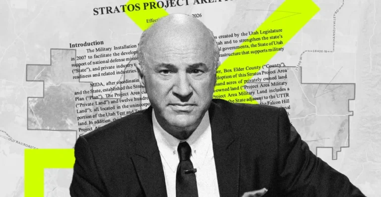 Man in a suit with a serious expression overlaid on a document titled "Stratos Project Area" with highlighted text.