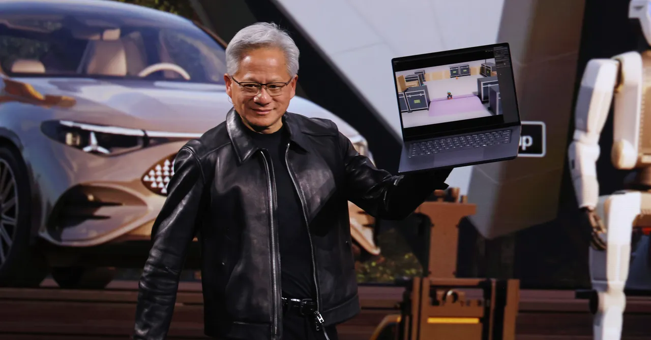 Man in a black leather jacket holding a laptop displaying a digital scene, with a car and robot in the background.