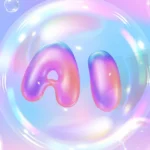 The letters 'AI' appear inside a translucent bubble against a pastel gradient background with other floating bubbles.