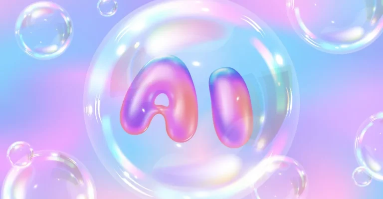 The letters 'AI' appear inside a translucent bubble against a pastel gradient background with other floating bubbles.