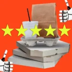 Robotic hands giving thumbs up to stacked pizza boxes, drink, and bag, with five stars on orange background.