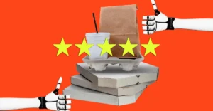 Robotic hands giving thumbs up to stacked pizza boxes, drink, and bag, with five stars on orange background.