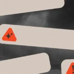 Dark cloudy background with multiple rectangular alert icons, including exclamation marks and sparkles in red triangles.
