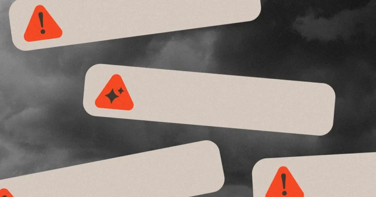 Dark cloudy background with multiple rectangular alert icons, including exclamation marks and sparkles in red triangles.