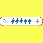 Search bar with blue lightning bolts, magnifying glass, and microphone icons on a yellow background.