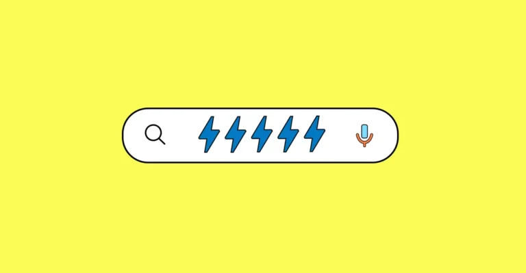 Search bar with blue lightning bolts, magnifying glass, and microphone icons on a yellow background.