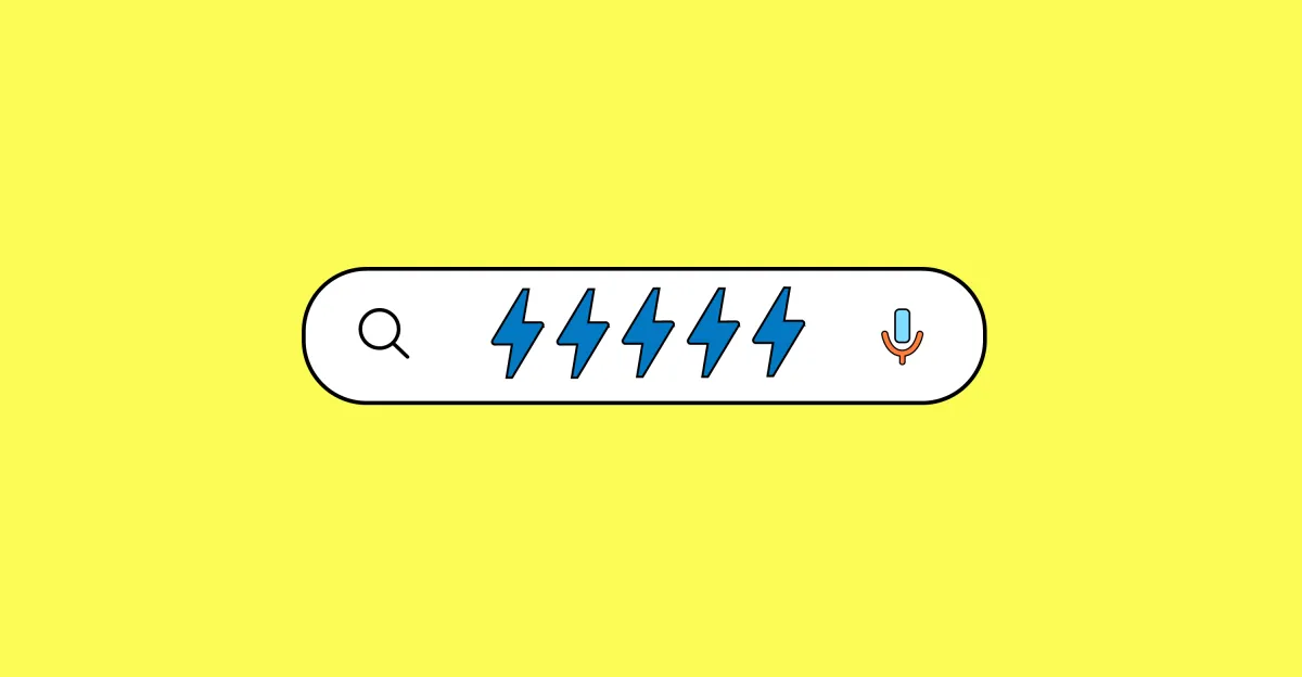Search bar with blue lightning bolts, magnifying glass, and microphone icons on a yellow background.