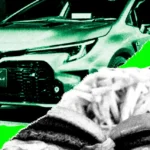 Toyota Corolla in a stylized, green-toned collage with a close-up of burgers and fries, featuring bold contrasts.