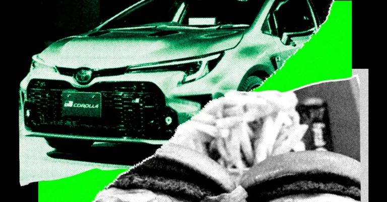 Toyota Corolla in a stylized, green-toned collage with a close-up of burgers and fries, featuring bold contrasts.