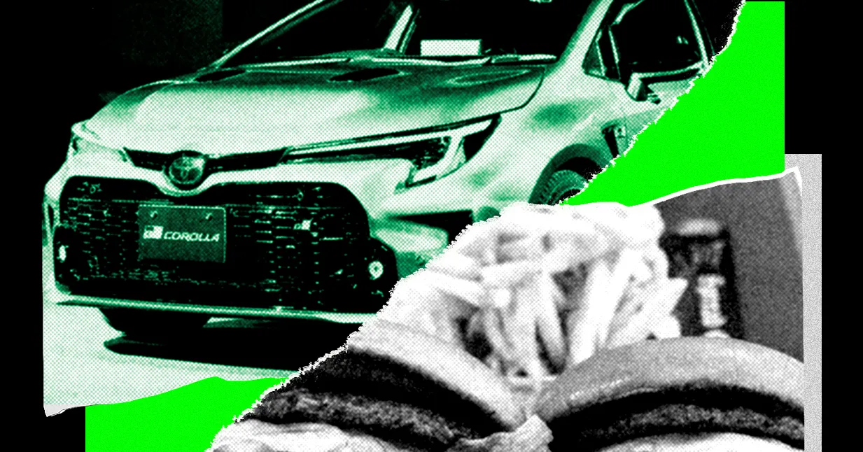 Toyota Corolla in a stylized, green-toned collage with a close-up of burgers and fries, featuring bold contrasts.