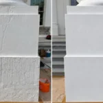 Side-by-side comparison of a textured and a smooth white column base, with a person standing and stairs in the background.
