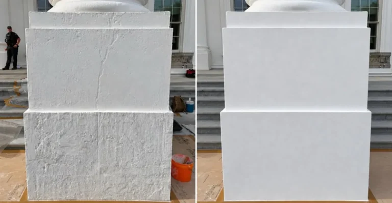 Side-by-side comparison of a textured and a smooth white column base, with a person standing and stairs in the background.