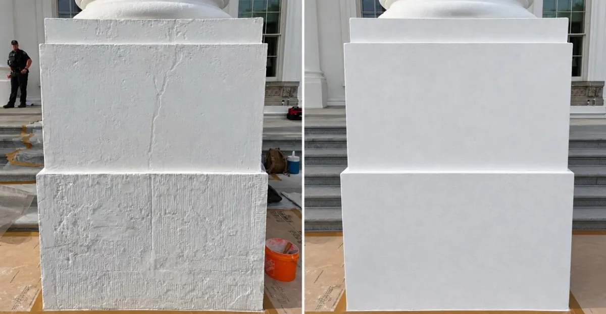 Side-by-side comparison of a textured and a smooth white column base, with a person standing and stairs in the background.