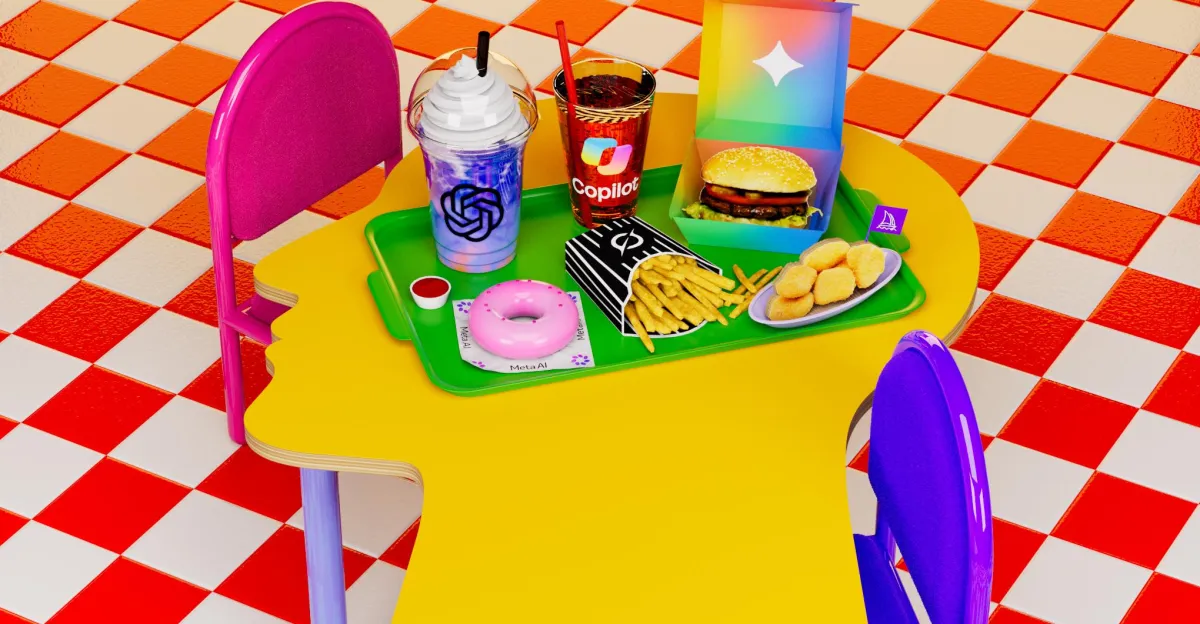 Colorful tray with fast food items on a yellow, puzzle-shaped table, pink and purple chairs, checkered floor.