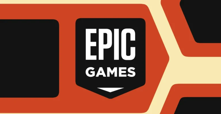 Epic Games logo in bold white letters on a black shield with a red and cream geometric background.