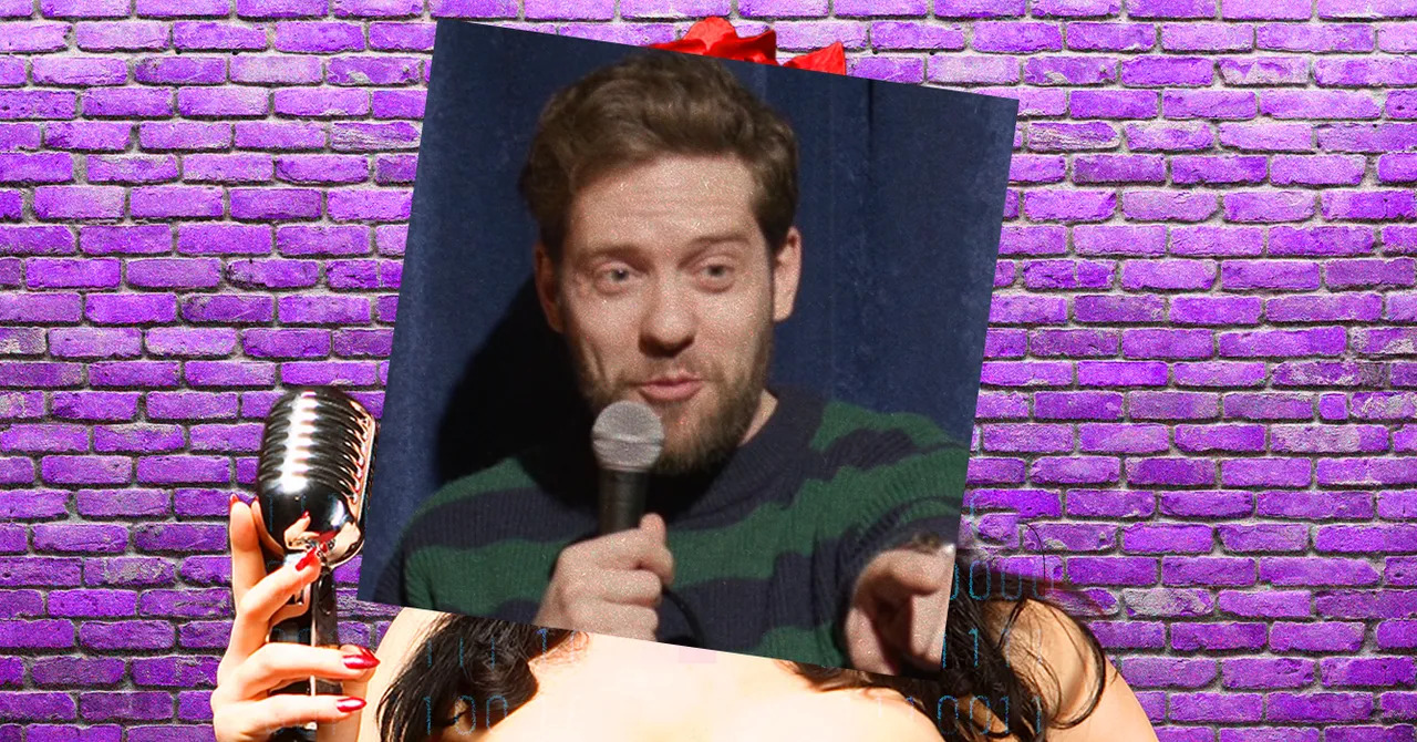 AI-generated influencer holding a microphone with a man's face on a screen, purple brick wall background.
