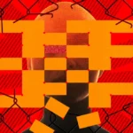 Silhouette of a person behind a chain-link fence with pixelated orange blocks on a red background.