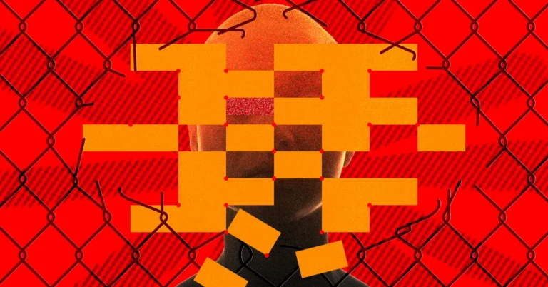 Silhouette of a person behind a chain-link fence with pixelated orange blocks on a red background.
