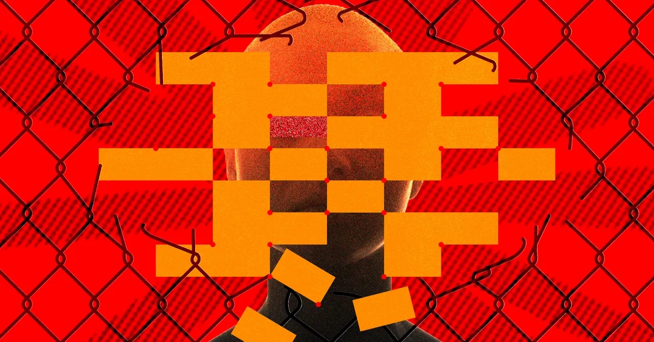 Silhouette of a person behind a chain-link fence with pixelated orange blocks on a red background.
