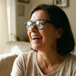 Smiling woman with short hair wearing glasses, sitting on a sofa in a sunlit room.