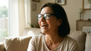 Smiling woman with short hair wearing glasses, sitting on a sofa in a sunlit room.