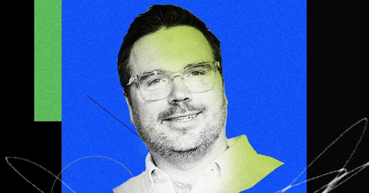 Smiling man with glasses on a blue and green abstract background, geometric shapes and lines in the design