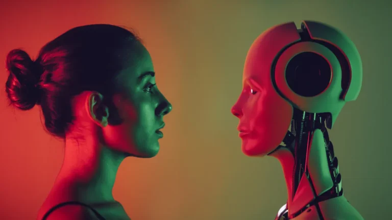 A woman and a humanoid robot face each other under red and green lighting, highlighting human-robot interaction.