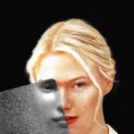 Woman's face partially obscured by a grayscale book against a black background.