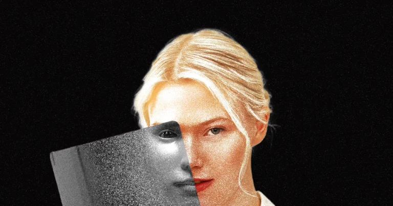 Woman's face partially obscured by a grayscale book against a black background.