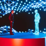 A person stands on a red platform facing a holographic figure amid blue, glowing network patterns.