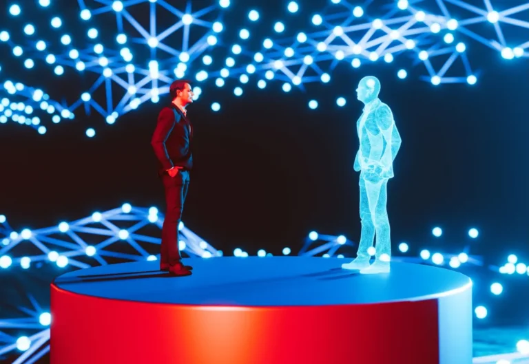 A person stands on a red platform facing a holographic figure amid blue, glowing network patterns.