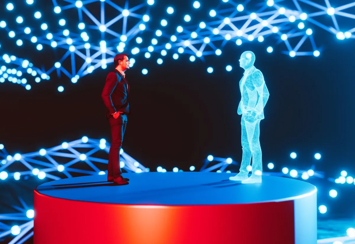 A person stands on a red platform facing a holographic figure amid blue, glowing network patterns.