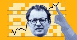 Collage of a man's head with glasses, hand pointing at a rising graph line on a yellow grid background.
