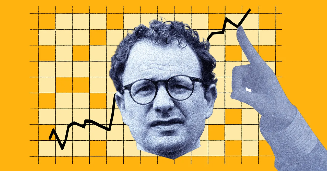 Collage of a man's head with glasses, hand pointing at a rising graph line on a yellow grid background.
