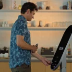 Man using a sleek, curved AI kiosk with a touchscreen displaying $22.88 in a modern cafe setting with shelves and appliances.