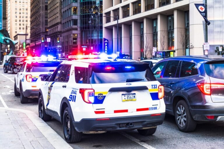 Police cars with flashing lights on a city street lined with tall buildings, parked cars nearby.