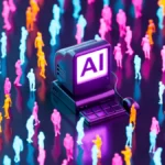 Retro computer with "AI" on screen surrounded by colorful human silhouettes on a reflective surface.