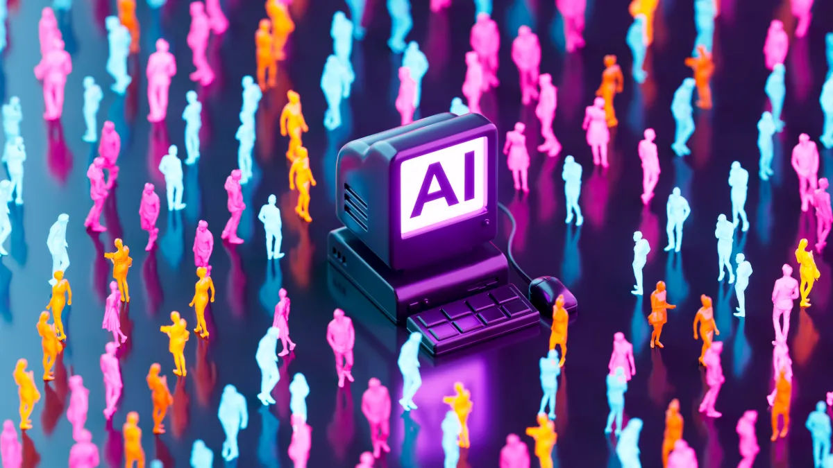 Retro computer with "AI" on screen surrounded by colorful human silhouettes on a reflective surface.