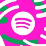 Spotify logo on a vibrant pink background with white and green curved lines radiating outward.