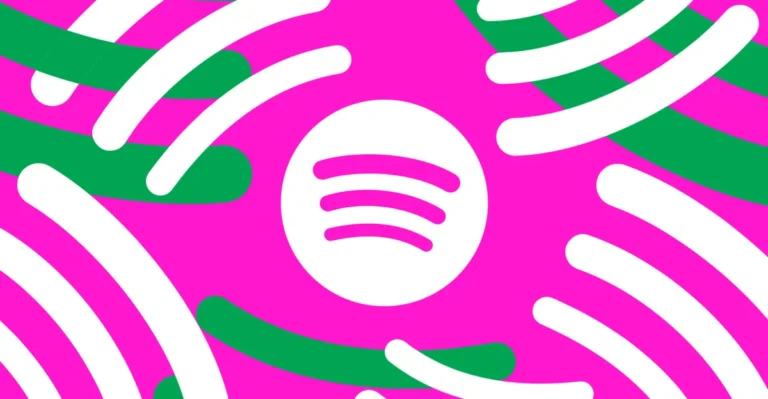 Spotify logo on a vibrant pink background with white and green curved lines radiating outward.