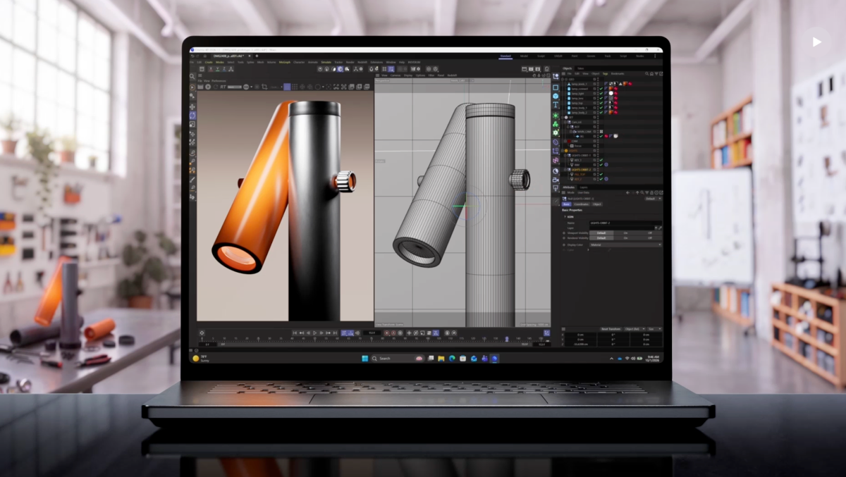 Laptop displaying 3D modeling software with two cylindrical objects, one textured and one wireframe, in a modern office se...