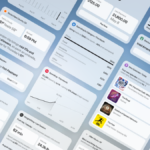 Various app widgets display weather, spending, orders, and schedules on a blue gradient background, resembling a personal...