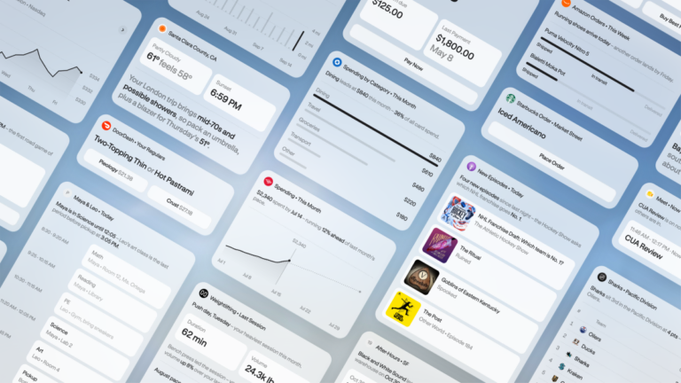Various app widgets display weather, spending, orders, and schedules on a blue gradient background, resembling a personal...
