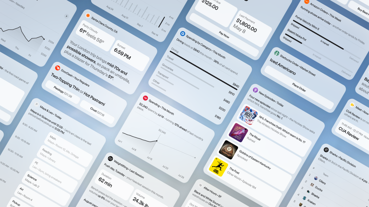 Various app widgets display weather, spending, orders, and schedules on a blue gradient background, resembling a personal...