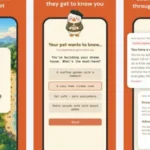 Three smartphone screens showing a retro-style AI pet app with hatching egg, quiz questions, and personalized pet insights.