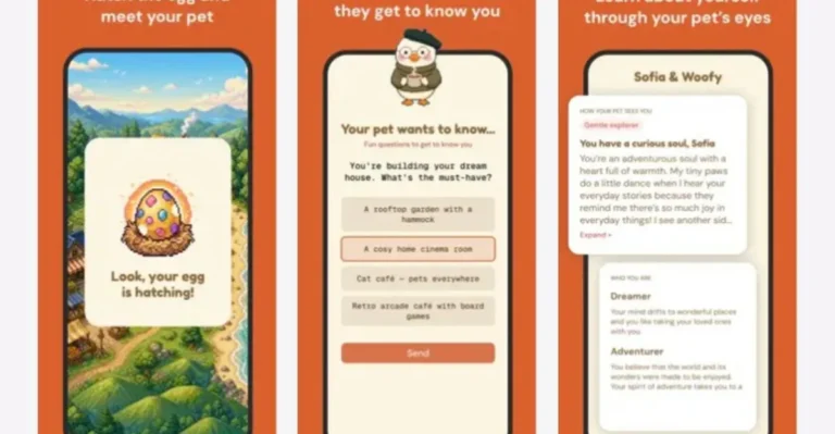 Three smartphone screens showing a retro-style AI pet app with hatching egg, quiz questions, and personalized pet insights.