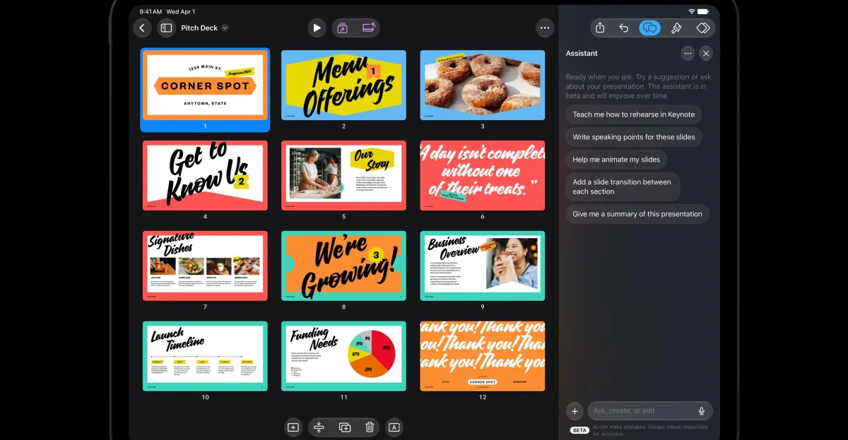 IPad screen displaying a pitch deck with 12 slide thumbnails and an AI assistant panel offering presentation tips.